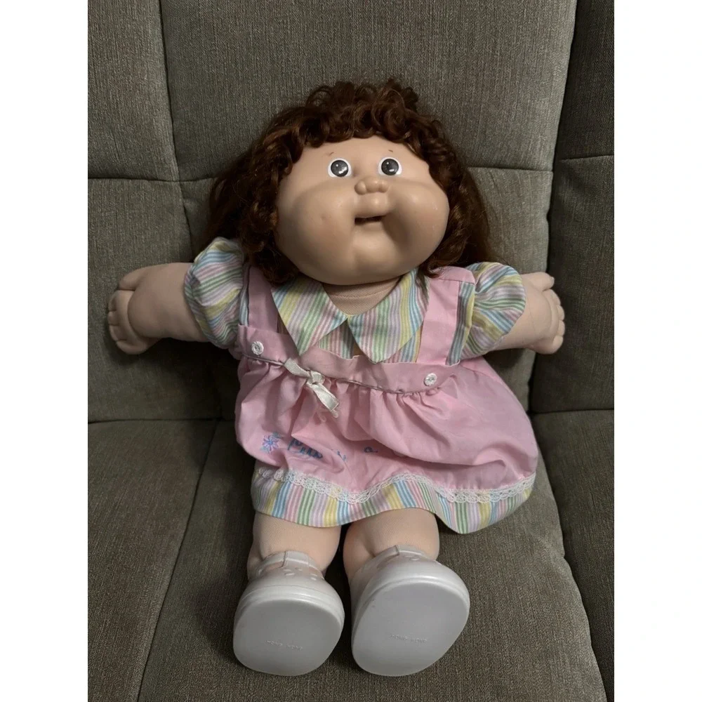 Vintage Cabbage Patch Kids Doll Brown Hair Brown Eyes Pink Dress RARE HTF